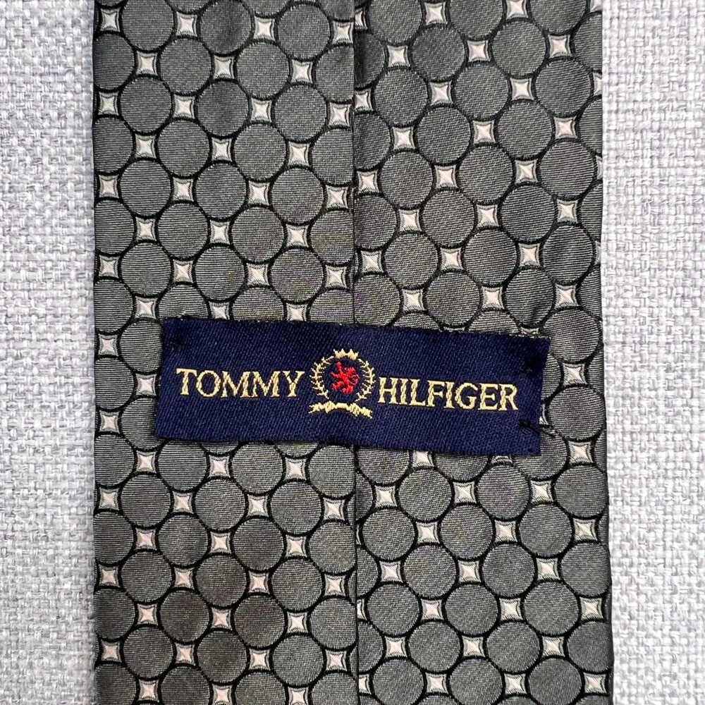 VTG Y2K Tommy Hilfiger Silk Geometric Dot Tie Men Silver Green Minimalist Formal